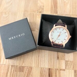 NIB Mreurio mens rose gold tone brown leather dress watch NEW BATTERY
